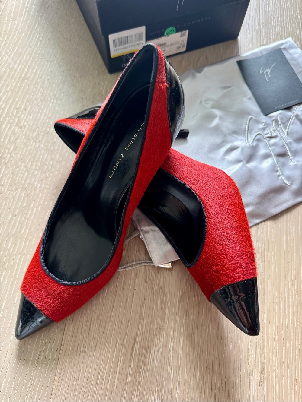 Giuseppe Zanotti Red and Black Pointed Toe Haircalf Pumps